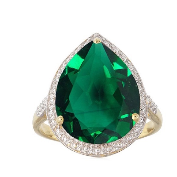 Lab created Emerald 18k gold plated teardrop ring - Picture 2 of 4